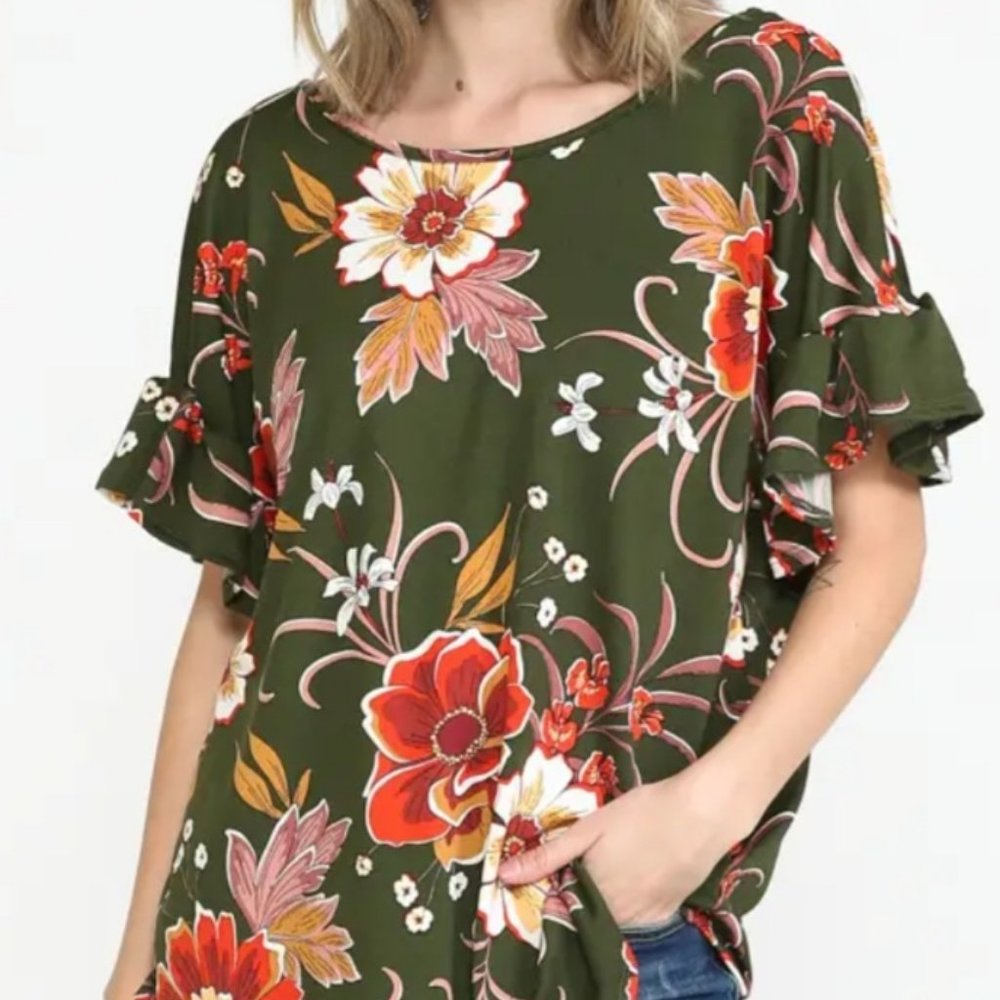 Olive Floral Top with Criss Cross Back Detail